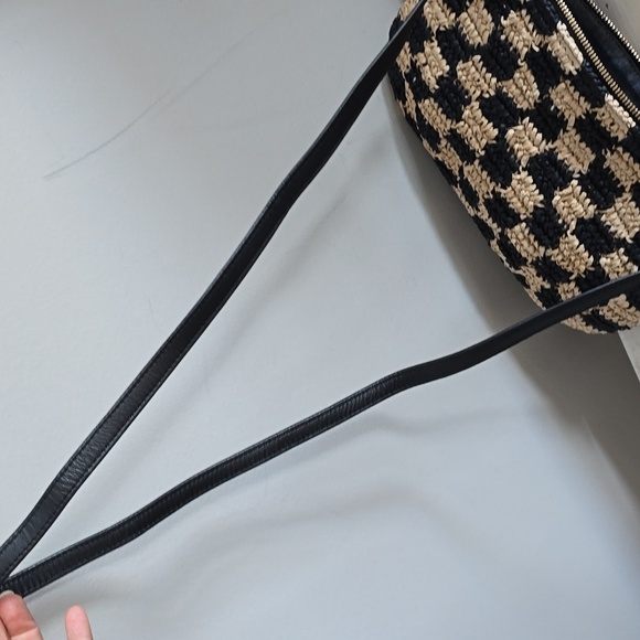 Clare V. Petit Moyen Leather Messenger Bag - Black/Natural Checker Raffia - Picture 15 of 15